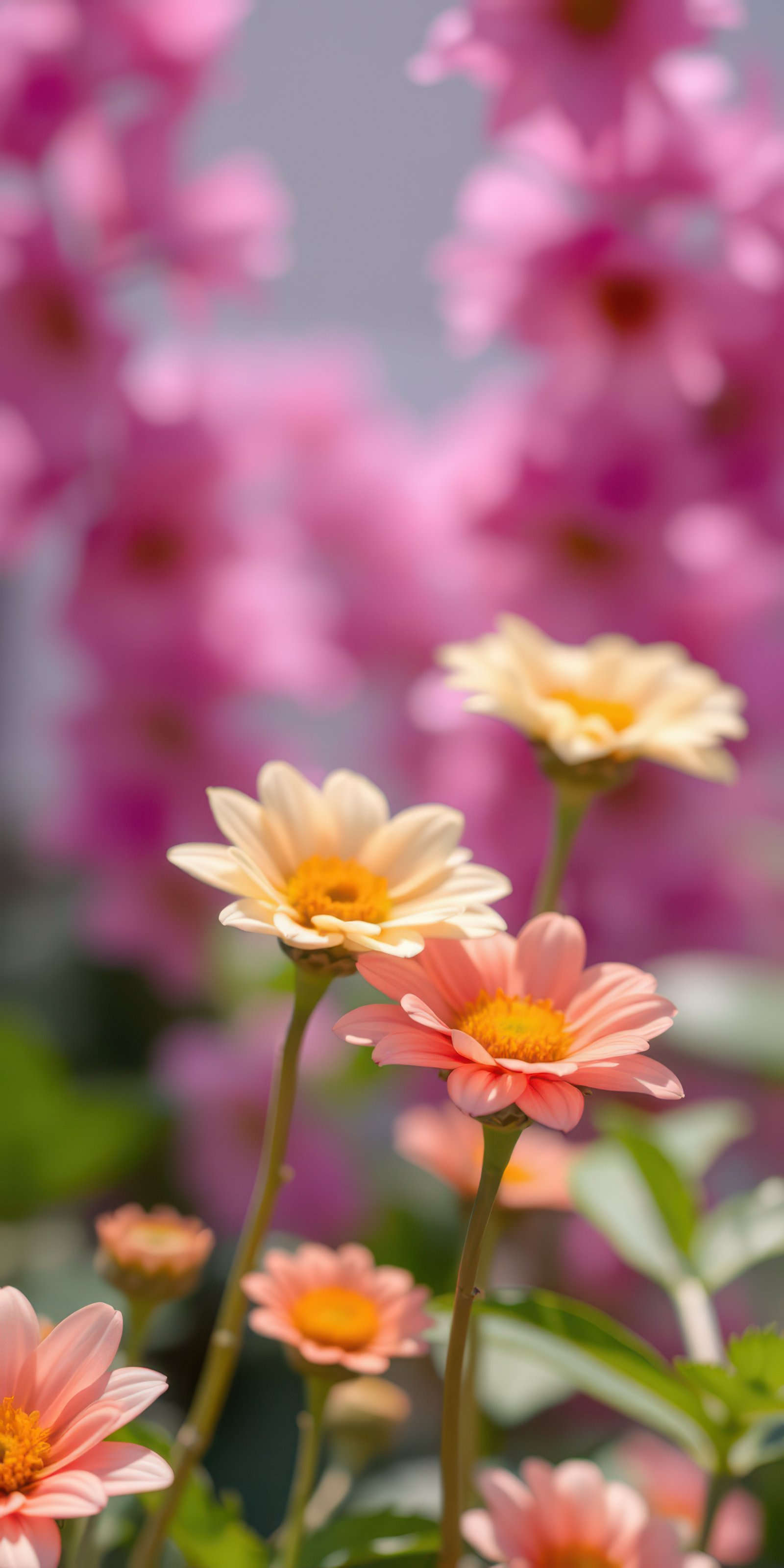 Colorful garden flowers bloom vibrantly under sunlight in a serene outdoor setting during springtime
